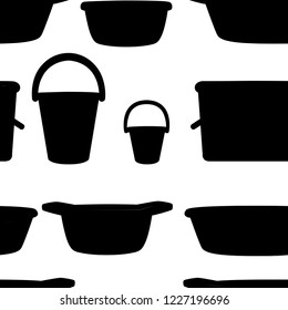 Seamless pattern. Black silhouette. Collection of water containers. Water buckets and basins. plastic products mass market. Flat vector illustration on white background.