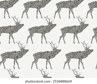 Seamless pattern with a black silhouette of the deer. Template cute reindeer seamless pattern for fabric, textile, background, poster, holidays. Vector illustration. Seamless pattern with deer.