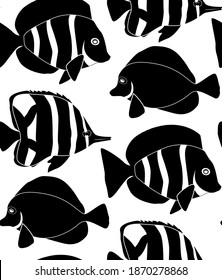 Seamless pattern of black silhouette of different tropical fish on white background. Pennant fish, royal angel. Marine inhabitants. Vector texture for wallpaper, fabric and your design