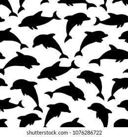 Seamless pattern with black silhouette dolphins on white. design for holiday greeting card and invitation of baby shower, birthday, child clothes, beach party and summer holidays