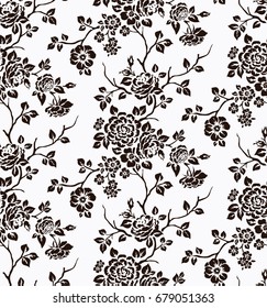 Seamless pattern with black silhouette of flowers on white background. Floral vintage background