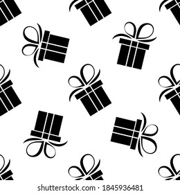  seamless pattern black silhouette gift box. Vector flat illustration