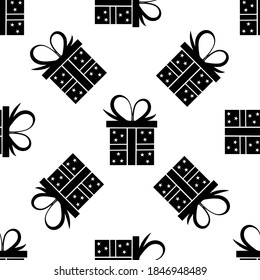  seamless pattern black silhouette gift box. Vector flat illustration
