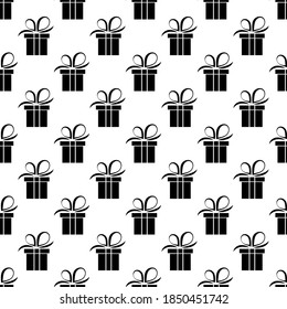  seamless pattern black silhouette gift box. Vector flat illustration