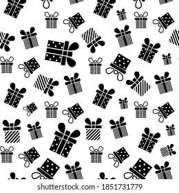  seamless pattern black silhouette gift box. Vector flat illustration