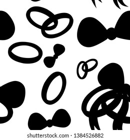 Seamless pattern. Black silhouette. Golden weddings rings with pink bow. Golden jewelry. Flat illustration on white background.