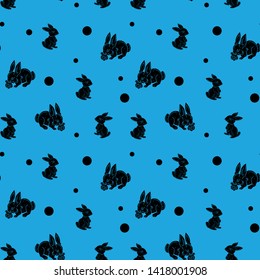 Seamless pattern, black silhouette of a hare on a blue background, vector