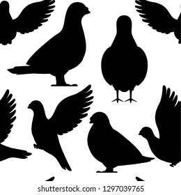 Seamless pattern. Black silhouette. Icon set of Pigeon bird flying and sitting. Flat cartoon character design. Black bird icon. Cute pigeon template. Vector illustration isolated on white background.