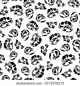 Seamless pattern with black silhouette or imprint or stamp of flowers on white background. Monochrome abstract floral texture. Vector modern print for fabric, wallpaper or interior textile design.