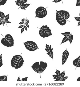 Padrão sem costura com folhas de silhueta preta no fundo branco. Folha texturizada de bordo, tília, vidoeiro, castanheiro, e outros. Imprimir para papel têxtil, para embalagem e para embalagem. Ilustração vetorial