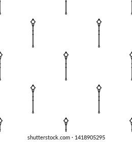 Seamless pattern with black silhouette of magic staff icon on white background. Magic wand, scepter, stick, rod. Vector illustration for design, web, wrapping paper, fabric, wallpaper.