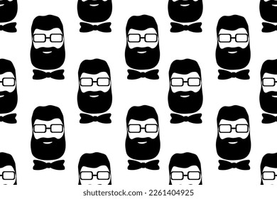 Seamless pattern with black silhouette of a man with a beard, mustache, glasses and a bow tie. Wallpaper and fabric print with male portrait.