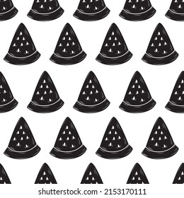Patrón sin foco de silueta negra Piezas de sandía aisladas sobre fondo blanco. Ilustración del vector