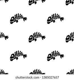 Seamless pattern with black silhouette piranha skeleton. Isolated on white background. Vector Illustration for t-shirt, fabric, web, background