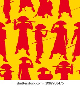 Seamless pattern. Black silhouette of a pirate in a hat and with a sword.