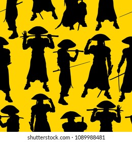 Seamless pattern. Black silhouette of a pirate in a hat and with a sword.