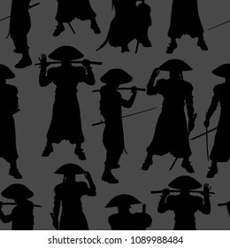 Seamless pattern. Black silhouette of a pirate in a hat and with a sword.