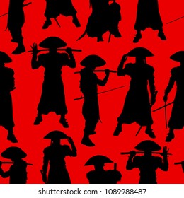 Seamless pattern. Black silhouette of a pirate in a hat and with a sword.