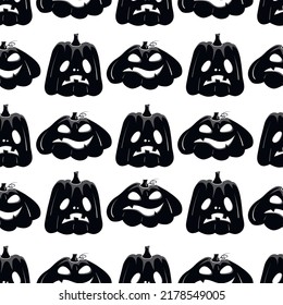 Seamless pattern with black silhouette of a pumpkin face for halloween on a white background.