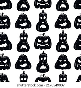 Seamless pattern with black silhouette of a pumpkin face for halloween on a white background.