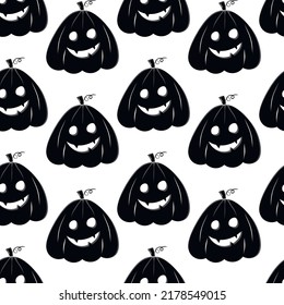 Seamless pattern with black silhouette of a pumpkin face for halloween on a white background.