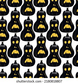 Seamless pattern with black silhouette of a pumpkin face with yellow glowing eyes for halloween on a white background