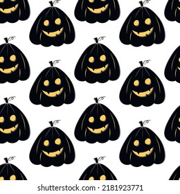 Seamless pattern with black silhouette of a pumpkin face with yellow glowing eyes for halloween on a white background.