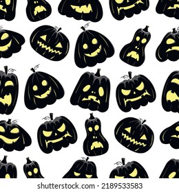 Seamless pattern with black silhouette of a pumpkin face with yellow glowing eyes for halloween on a white background.