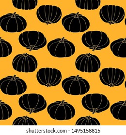 Seamless pattern with black silhouette of pumpkins on orange background. Art can be used for halloween.