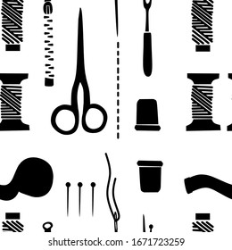 Seamless pattern of black silhouette reel with thread, bobbins, scissors and needle flat vector illustration on white background