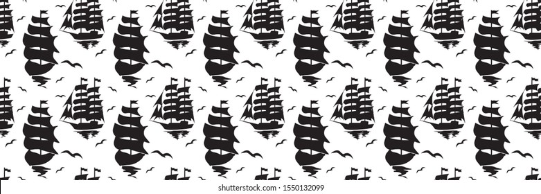 Seamless pattern Black silhouette Sailing ship, sailboat in sea, isolated on white background, vector illustration