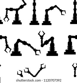 Seamless pattern. Black silhouette. Set of robotic arms, hands. Vector robot icons collection. Industrial technology and factory symbols. Flat illustration on white background.