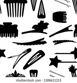 Seamless pattern. Black silhouette. Set of hair accessory. Hairpins and hair-clip for female salon concept. Flat vector illustration on white background.