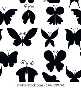 Seamless pattern black silhouette set of abstract decorative butterfly flat vector illustration on white background