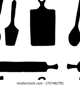 Silueta negra de patrón inoxidable de simple utensilios de cocina plana iconos de madera ilustración vectorial sobre fondo blanco