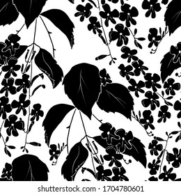 Seamless pattern with black silhouette of small flowers with leaves isolated on white background.