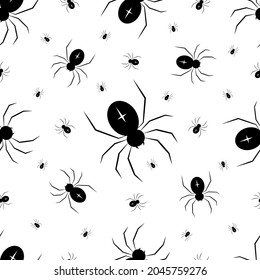 Seamless pattern with black silhouette spiders on white background. For Halloween and Day of the Dead. Scary vector illustration.