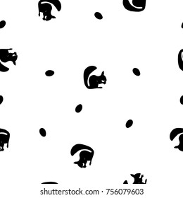 Seamless pattern black silhouette of squirrel with nut on white background, vector, eps 10