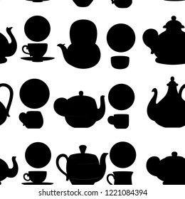 Seamless pattern. Black silhouette. Vector set of teapots and cups with cute patterns. Tea-set cartoon style design. Flat vector illustration on white background.