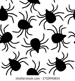 Seamless pattern with black silhouettes arachnids- mites on white background. Vector illustration.
