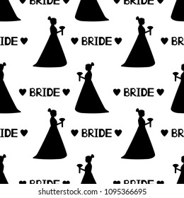 Seamless pattern with black silhouettes of the bride, hearts and words Bride. Vector illustration