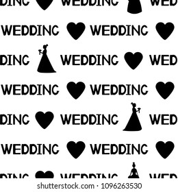 Seamless pattern with black silhouettes of the bride, hearts and words Wedding. Vector illustration