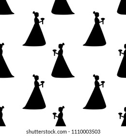 Seamless pattern with black silhouettes of the bride on the white background. Vector illustration
