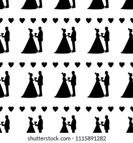 Seamless pattern with black silhouettes of the bride and groom, hearts on the white background. Vector illustration