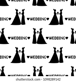 Seamless pattern with black silhouettes of the brides and words Wedding. Same-sex marriage. Vector illustration