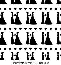 Seamless pattern with black silhouettes of the brides and hearts. Same-sex marriage. Vector illustration