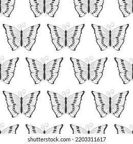 Seamless pattern with black silhouettes of butterflies isolated on a white background. Simple monochrome abstract outline design