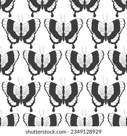 Seamless pattern with black silhouettes of butterflies isolated on a white background. Simple monochrome abstract outline design