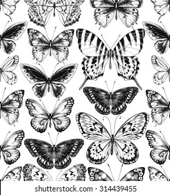 Seamless pattern of black silhouettes of butterflies on white background, hand-drawn illustration.
