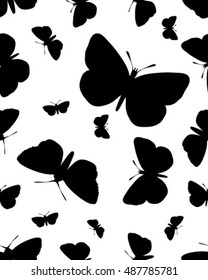 Seamless pattern with black silhouettes of butterflies on white, vector illustration